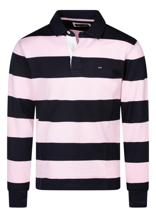 Pull en coton noir et rose à rayures avec une coupe droite et un col polo
