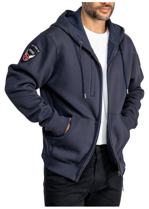 Sweat zippé en coton mélangé bleu marine muni d'une capuche à coupe droite