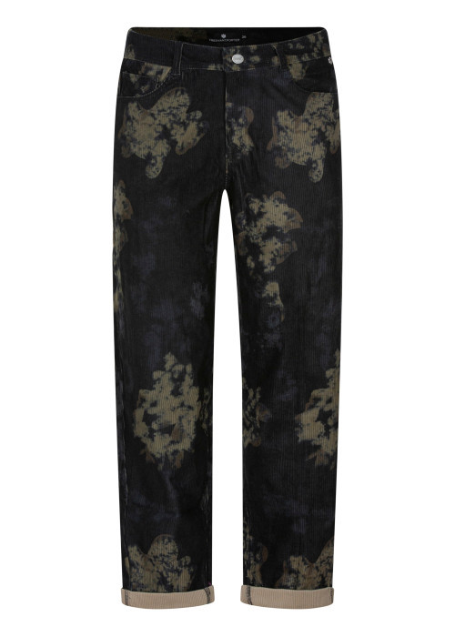 Pantalon noir à motif abstrait pourvu d'une coupe droite et de poches