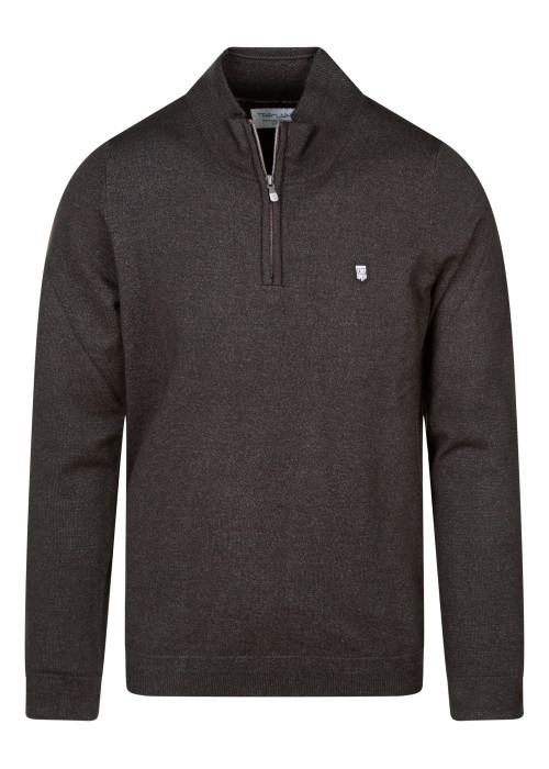 Pull marron uni avec une coupe droite et un col camionneur zippé
