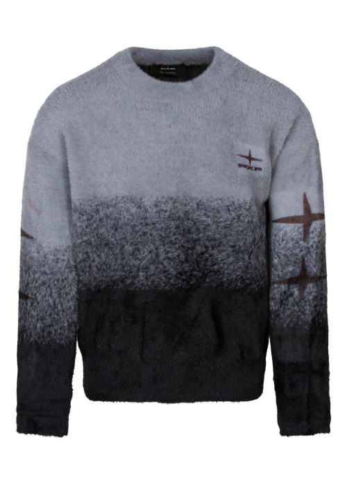 Pull gris poilu à motifs dégradés pourvu d'une coupe droite et un col rond