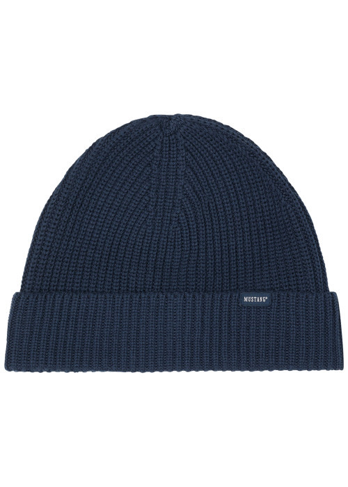 Bonnet marine en maille tricotée épaisse siglé du nom de la marque