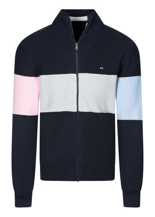Gilet en coton bleu marine gris et rose à grande rayures doté d'un col montant