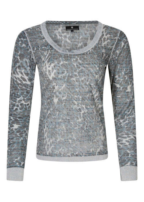 Pull bleu et gris à coupe droite pourvu d'un col rond et de manches longues