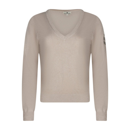 Pull beige à coupe droite pourvu d'un col v et...