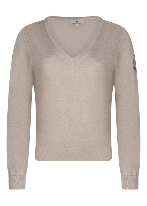 Pull beige à coupe droite pourvu d'un col v et...