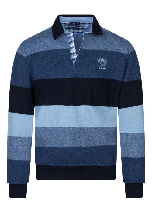 Sweat manches longues bleu à rayures avec un col polo et un logo brodé