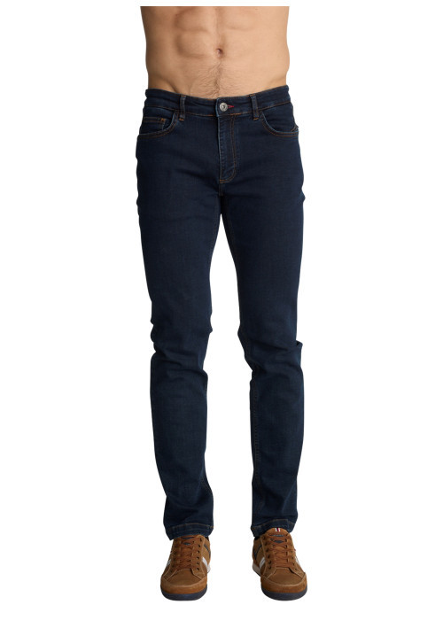 Jean en coton bleu foncé à cinq poches pourvu d'une coupe ajustée