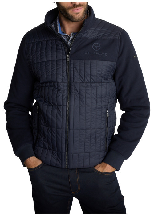 Blouson bi-matière zippée bleu marine en maille et nylon matelassé