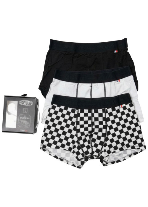 Lot de 3 boxers en coton noir et blanc pourvus d'une taille élastiquée