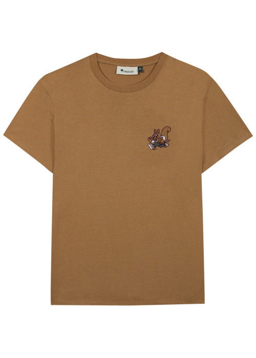 T-shirt en coton camel orné d'une broderie écureuil à coupe droite