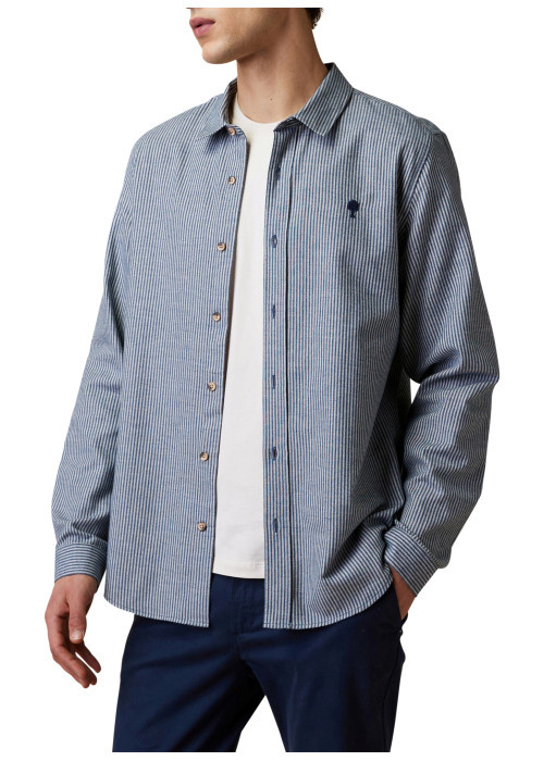Chemise en coton blanc et bleu à rayures verticales munie d'une coupe droite