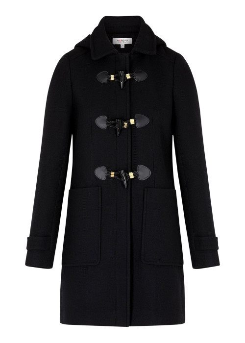 Manteau noir à coupe droite pourvu d'un col à capuche et de manches longues