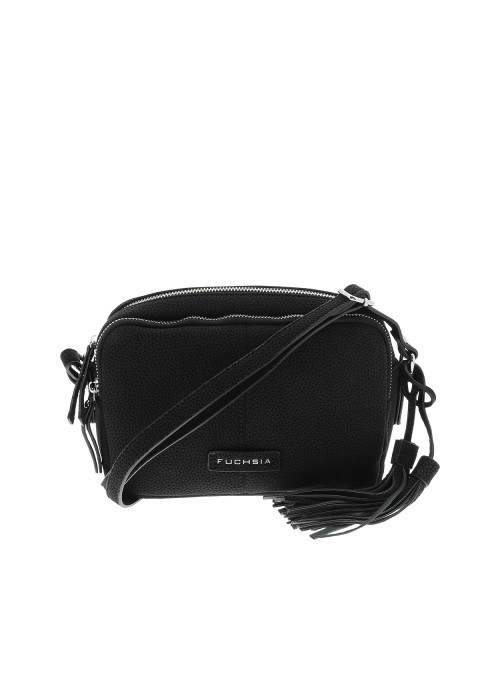Sac à bandoulière noir en simili-cuir grainé souple et fermeture zippée