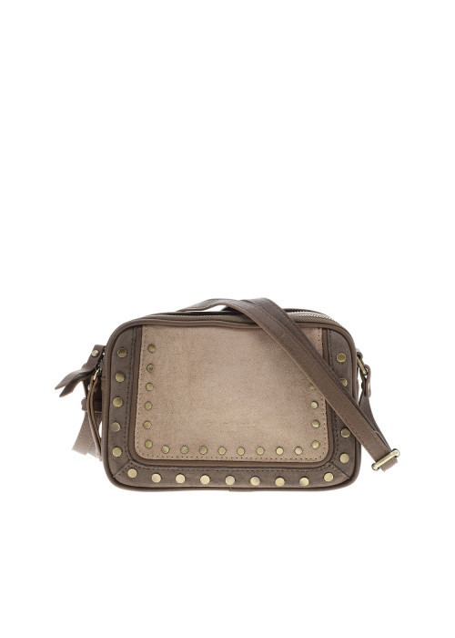 Sac à bandoulière taupe bi-matière orné de rivets décoratifs