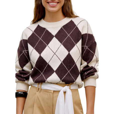 Pull jacquard marron et beige à motifs losanges...