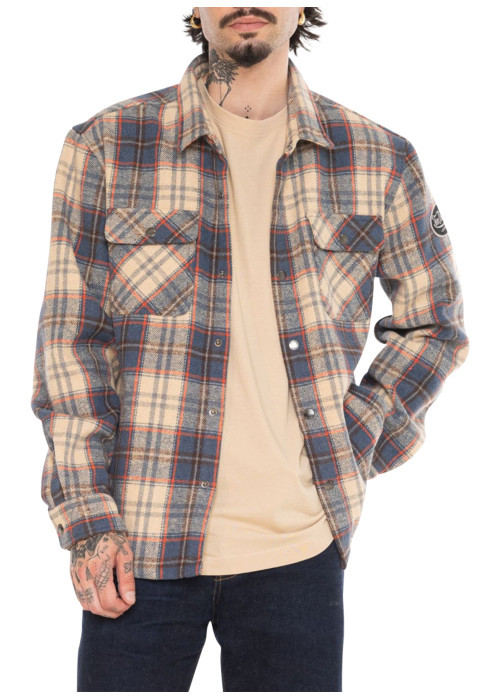 Chemise bleue et beige à carreaux avec une coupe droite et des manches longues