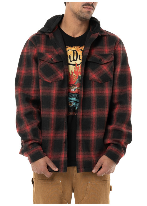 Chemise noire et rouge à carreaux avec un col à revers et des manches longues