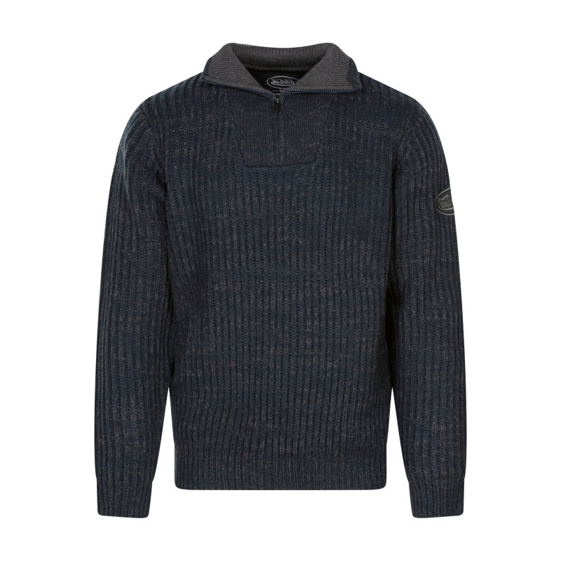 Von Dutch - Pull Bleu Marine En Maille Chinée Doté D'un Col Camionneur à Coupe Droite - Bleu Von Dutch - Pull Bleu Marine En Maille Chinée Doté D'un Col Camionneur à Coupe Droite - Bleu