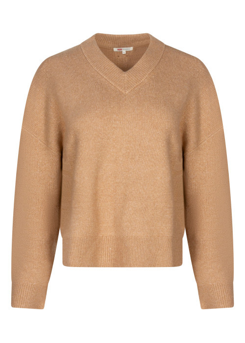 Pull à col V beige en maille épaisse pourvu de manches longues