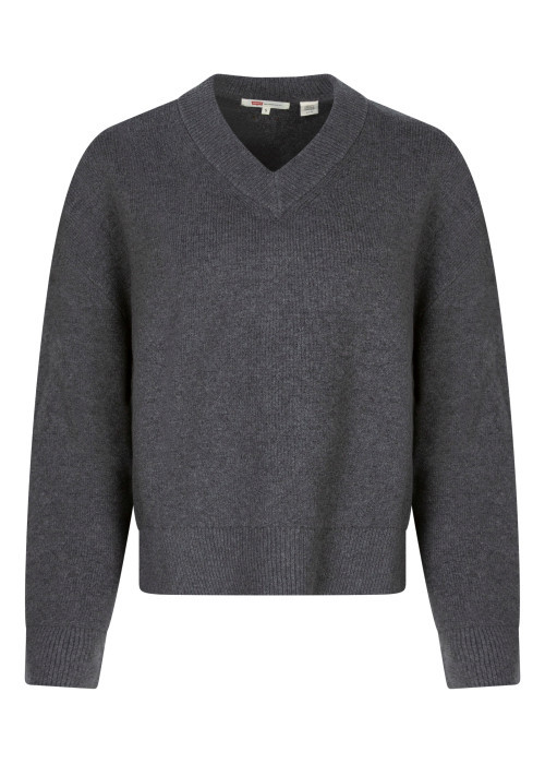 Pull à col V gris en maille épaisse pourvu d'une coupe droite