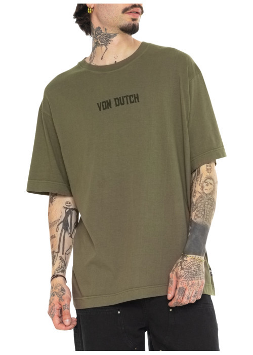 T-shirt en coton kaki avec un imprimé moto au dos et une coupe droite