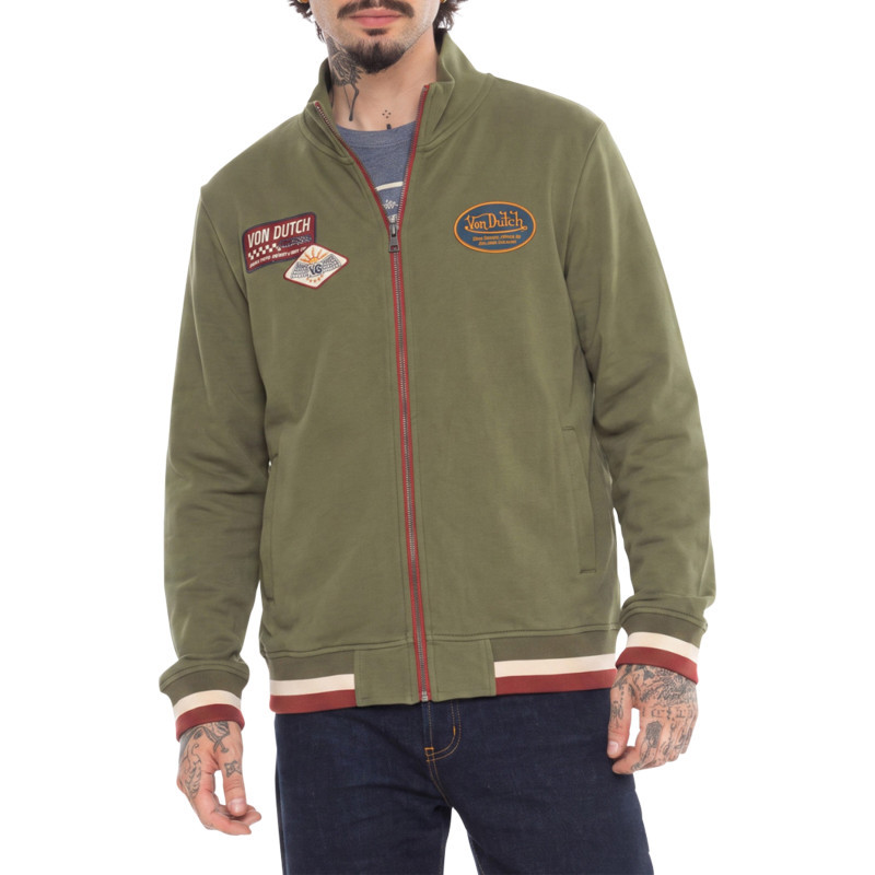 Von Dutch - Gilet Zippé En Coton Mélangé Kaki Uni Avec Des Patchs Colorés Et Un Col Montant - Vert