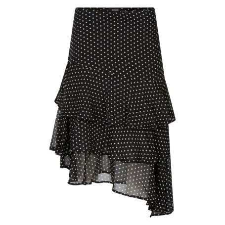 Jupe mi-longue asymétrique noire à pois pourvue...