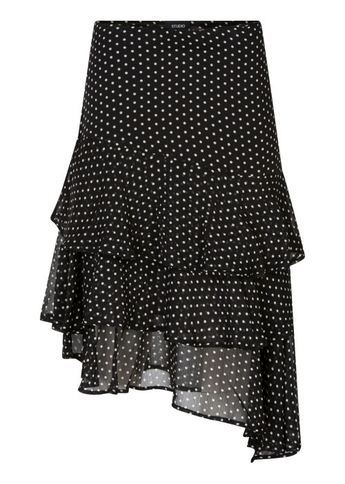 Jupe mi-longue asymétrique noire à pois pourvue...