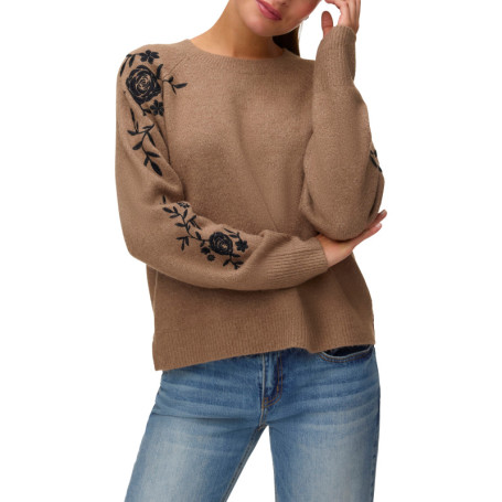 Pull brun orné de broderies florales aux...