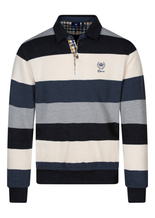 Sweat bleu à rayures pourvu d'un col polo boutonné d'une coupe droite