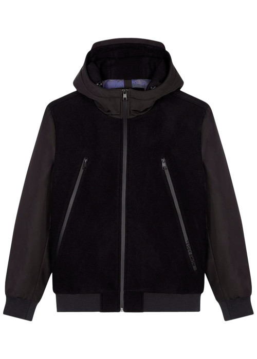 Blouson noir à capuche en laine mélangée avec...