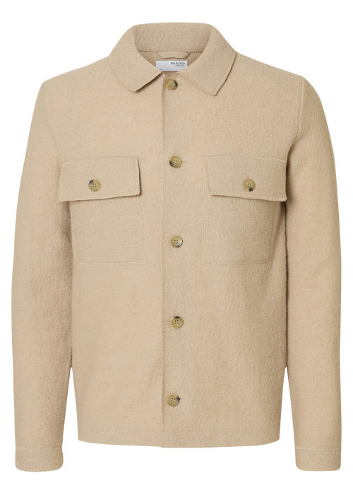 Surchemise Nealy en laine beige unie à coupe droite et col à revers