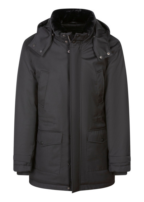 Parka longue noire unie à coupe droite avec un col montant à capuche et 4 poches