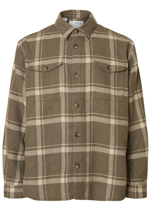 Surchemise Pablo taupe à carreaux avec coupe droite et col à revers