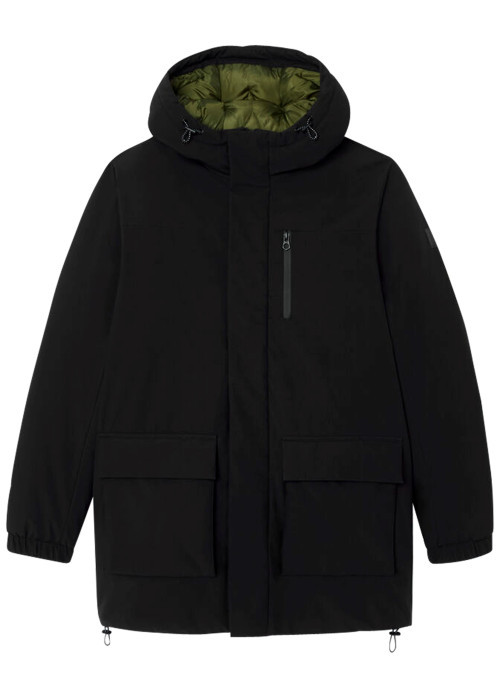 Parka noir uni avec une coupe droite à poches et un col à capuche