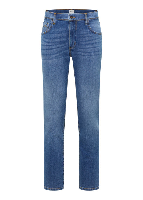Jean en coton bleu à coupe droite pourvu d'une fermeture à zip et bouton