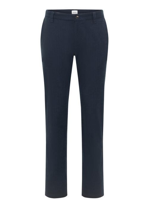 Pantalon chino marine à coupe droite pourvu d'une fermeture à zip et bouton