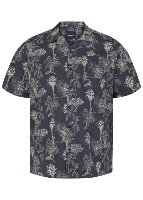 Chemise en coton bleue marine tropicale avec col cubain et manches courtes