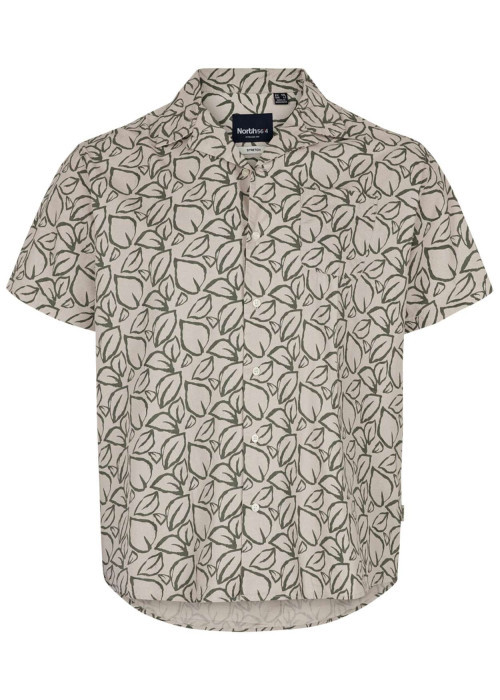 Chemise en coton beige coupe droite à col cubain avec imprimé feuilles