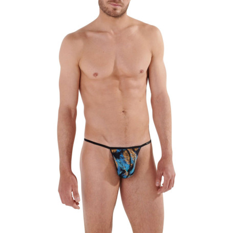 String bleu avec un imprimé plumes
