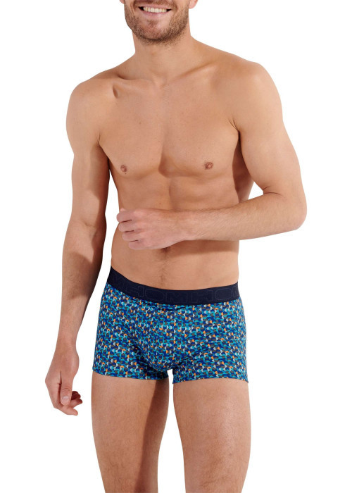 Boxer en coton bleu imprimé géométrique avec une coupe fermée