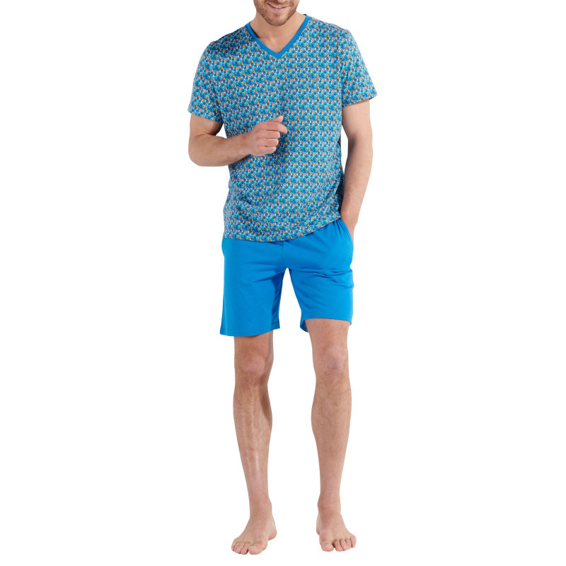 Hom - Pyjama Court En Coton Bleu Imprimé Géométrique à Coupe Fermée Et Col V - Bleu Hom - Pyjama Court En Coton Bleu Imprimé Géométrique à Coupe Fermée Et Col V - Bleu