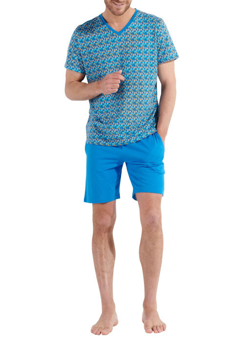 Pyjama court en coton bleu imprimé géométrique à coupe fermée et col v