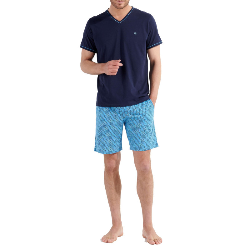 Hom - Pyjama Court En Coton Bleu Uni Coupe Fermée Avec Col V Et Poches Latérales - Bleu Hom - Pyjama Court En Coton Bleu Uni Coupe Fermée Avec Col V Et Poches Latérales - Bleu