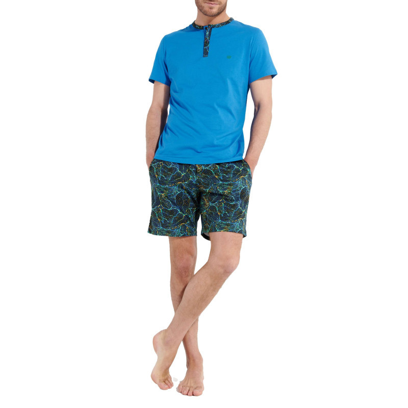 Hom - Pyjama Court En Coton Bleu Uni Avec Une Coupe Fermée Et Un Col Tunisien - Bleu Hom - Pyjama Court En Coton Bleu Uni Avec Une Coupe Fermée Et Un Col Tunisien - Bleu