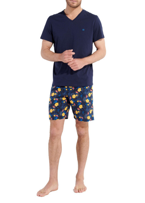 Pyjama court en coton marine uni avec une coupe fermée et un col v
