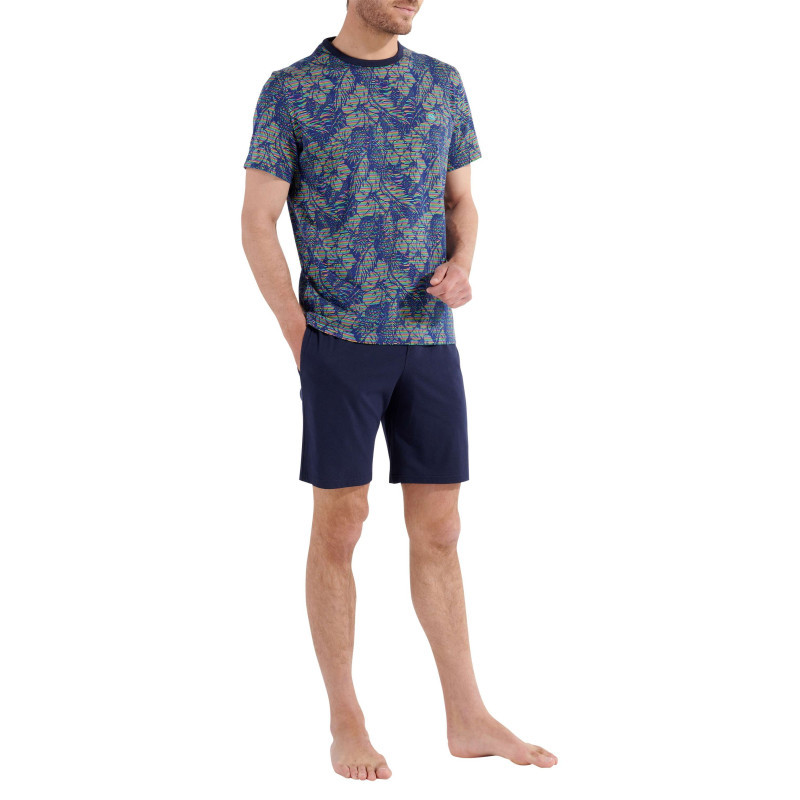 Hom - Pyjama Court En Coton Marine Imprimé Avec Une Col Rond Et Des Manches Courtes - Marine Hom - Pyjama Court En Coton Marine Imprimé Avec Une Col Rond Et Des Manches Courtes - Marine