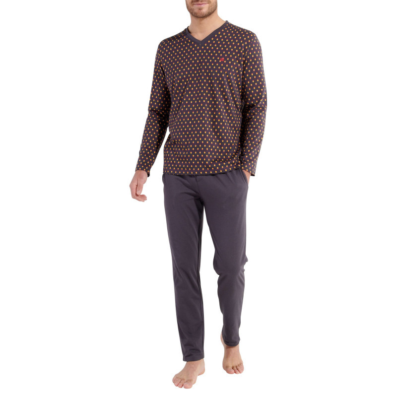 Hom - Pyjama Long En Coton Anthracite Imprimé Géométrique à Coupe Fermée Et Col V - Anthracite Hom - Pyjama Long En Coton Anthracite Imprimé Géométrique à Coupe Fermée Et Col V - Anthracite