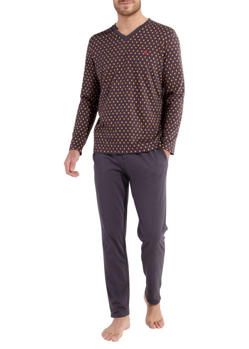 Pyjama long en coton anthracite imprimé géométrique à coupe fermée et col v